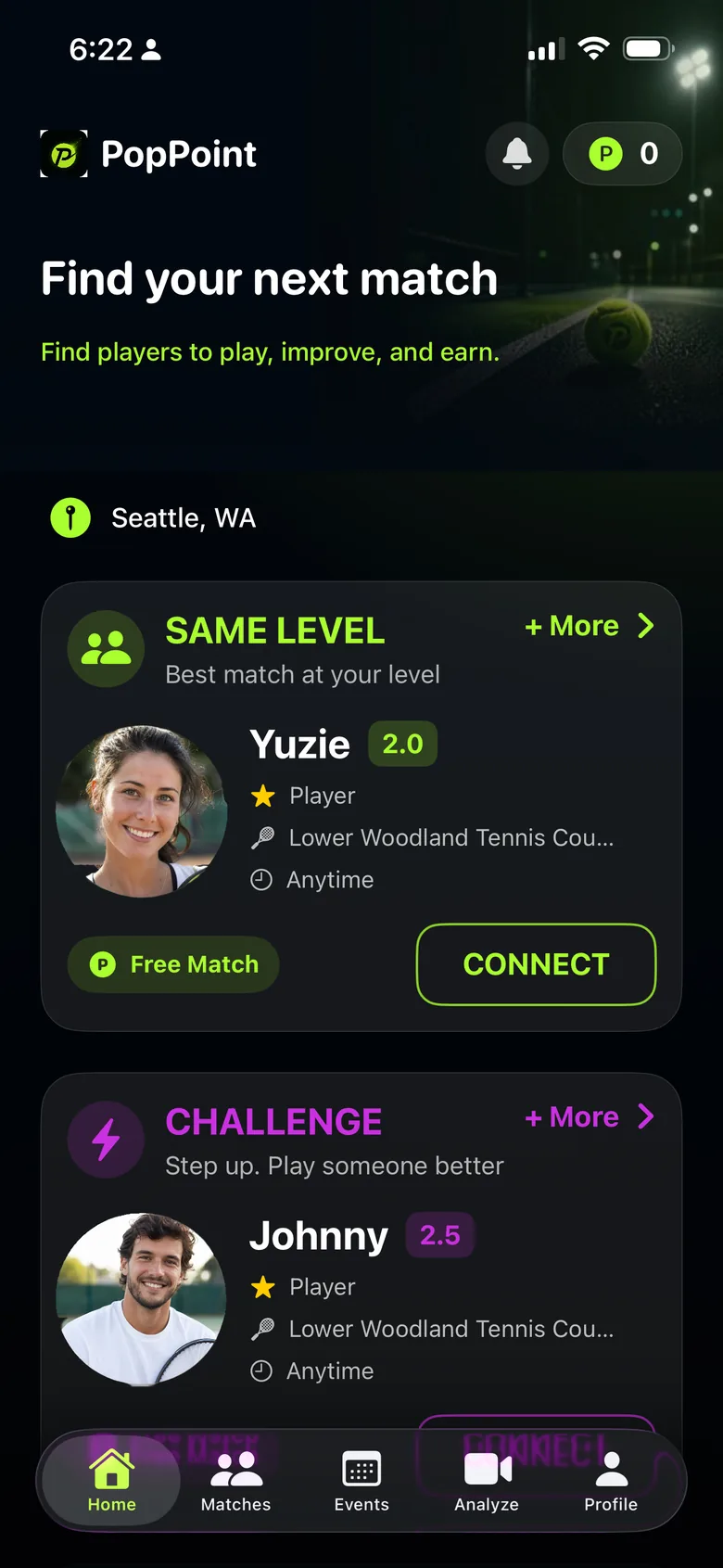 PopPoint home screen showing player matching